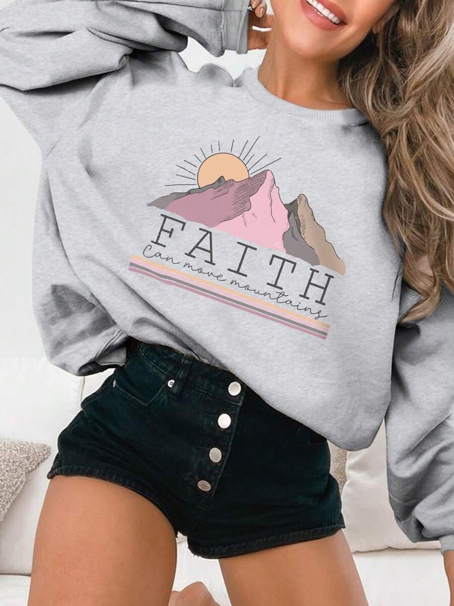 SHEIN EZwear Women's Printed Long Sleeve Sweatshirt - Grey - View 1