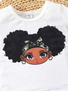 Conjunto De 2 Piezas Para Bebé Niña Con Blusa Estampada De Dibujos Animados Y Shorts De Camuflaje Estilo Callejero, Traje Casual Lindo Para Primavera/verano - Multicolor - Ver 3