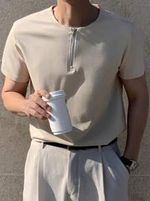 DAZY Men Solid Zipper Front Tee Business Attire - Beige - View 7