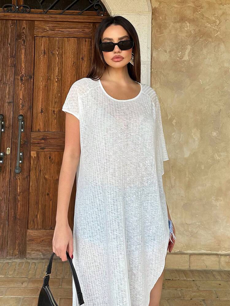 Women's Round Neck Raglan Sleeve Seaside Perspective Cover-Up For Summer Beach Vacation