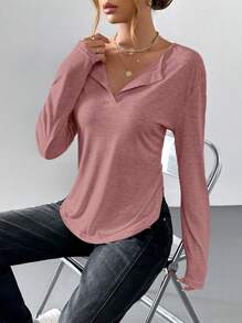 SHEIN Essnce 休閒風格弧形下擺長袖寬鬆女款t卹上衣休閒裝 - 玫紅色 - 查看 6