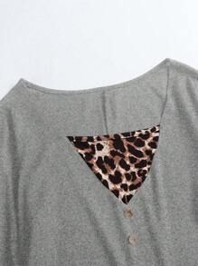 SHEIN LUNE 大尺碼豹紋抽繩拼布 T 卹 - 灰色 - 查看 4