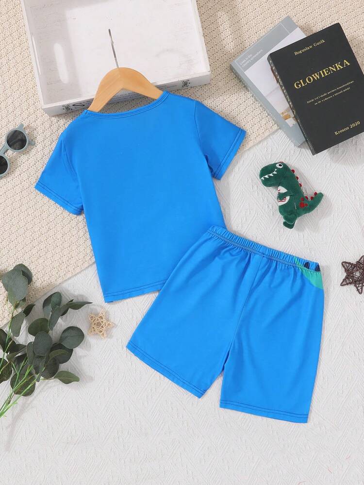 Young Boys' Blue Cartoon Dinosaur Printed Short Sleeve T-Shirt And Shorts Homewear Set