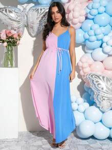 Loomaby Sukienka ujawniająca płeć Elegancka sukienka ciążowa bez rękawów w blokach kolorów na baby shower