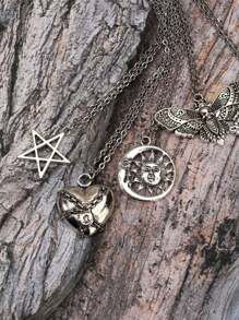 ROMWE Goth Set de 5 collares de estilo gótico vintage que incluye colgantes de cruz, sol, luna, polilla y calavera, para Halloween - Plateado - Ver 3
