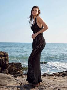 SHEIN Swim 镂空长滩罩衫连衣裙（夏季） - 黑色 - 查看 6