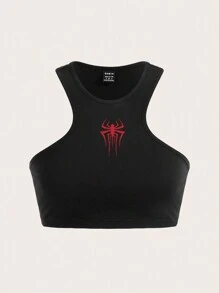SHEIN ICON Áo ba lỗ cổ tròn in họa tiết nhện ngắn đơn giản, thoải mái dành cho nữ, phù hợp cho mùa hè - màu đen - Xem 2