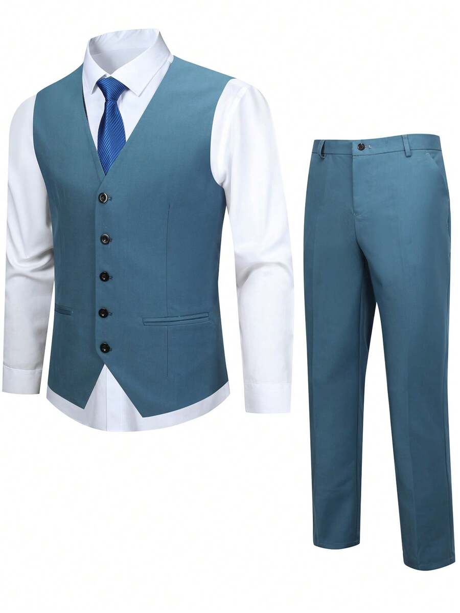 Manfinity Mode Men's Formal Gentleman Suit, Vest And Pants Set - Blue - View 1