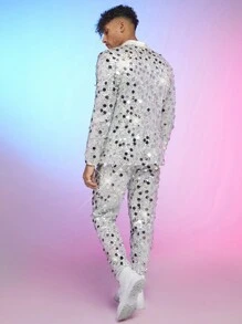 FeverCity Men's Glitter Long Sleeve Suit Jacket And Knitted Casual Pants Set - White - View 2