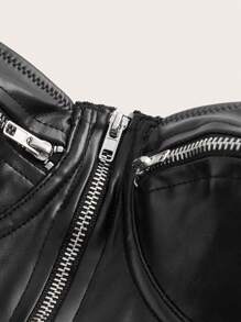 SHEIN ICON Going Out Tops Faux Leather Black Crop Top With Multiple Zippers - Black - View 3