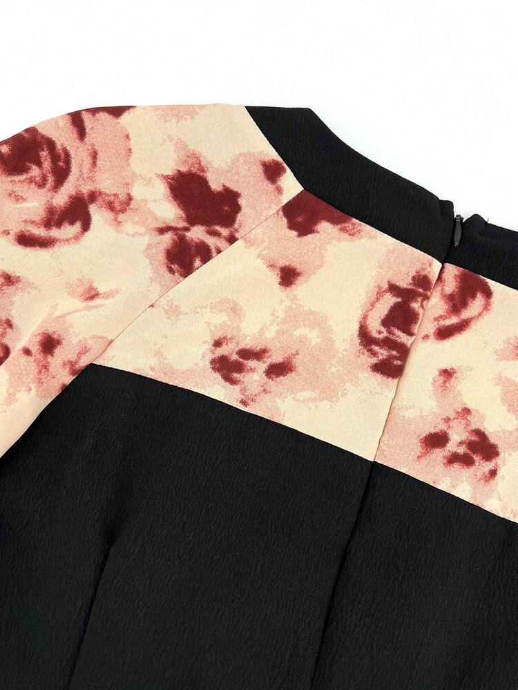 Flower Print Splicing Lantern Sleeve Dress