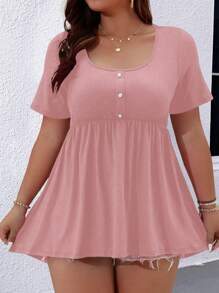 SHEIN LUNE Plus Size Short Sleeve T-Shirt With Button Decoration And Ruffle Hem Design - Pink - View 3
