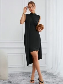 SHEIN Essnce Ladies Casual & Commute Style Double Layered Front With Side Slit Dress - Black - View 3