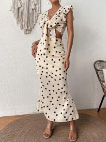 Breezaya Của phụ nữ In vết tròn Polka Peplum Hem Nút phía trước Áo Và Váy nàng tiên cá Hai chiếc Bộ - Màu be - Xem 1