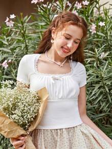 Teen Girls' Rib Knitted Contrast Mesh Trim Casual T-Shirt - White - View 5