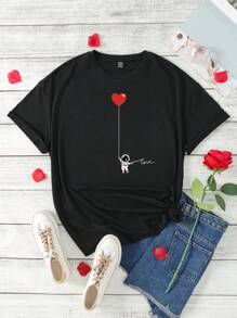 SHEIN EZwear 休闲简约宇航员图案圆领短袖修身夏季大码女式 T 恤 - 黑色 - 查看 2