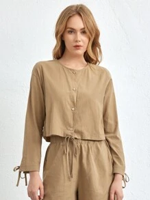 Ocili 女性下垂肩袖家居短款上衣 - 卡其色 - 查看 3