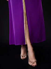 Al Najma Arabic Style Long Sleeve Dress With Rhinestone & Plant Pattern Patchwork Ribbon, Women - Purple - View 7