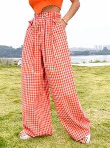 Soleia Women's Casual Vacation Style Plaid High Waist Wide Leg Pants - Multicolor - View 1