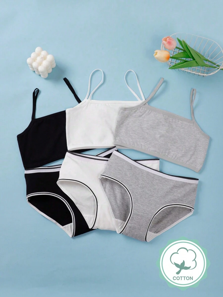 3 件套青少年女孩纯色吊带背心胸罩套装