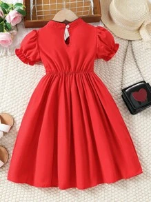 SHEIN Vestido de manga abullonada estilo chino para niña con botones de estilo tradicional - Rojo - Ver 2