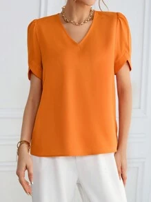 SHEIN Essnce Casual Work Attire Bright Coloured Puff Sleeve Blouse With V-Neck - Orange - View 6