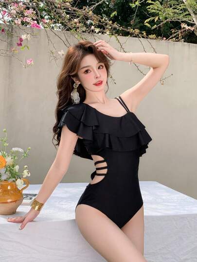 DAZY 夏季海滩女式不对称领口连体泳衣，荷叶边无钢圈设计，Tankini 泳衣
