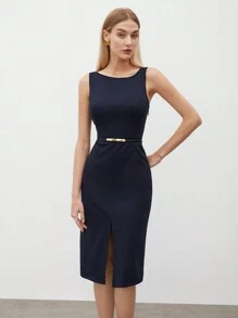 BizChic 女士圆领开衩下摆连衣裙，都市通勤商务休闲优雅派对礼服，黑色礼服适合万圣节、圣诞节、派对 - 藏蓝色 - 查看 7