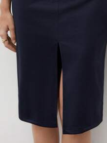 BizChic 女士圆领开衩下摆连衣裙，都市通勤商务休闲优雅派对礼服，黑色礼服适合万圣节、圣诞节、派对 - 藏蓝色 - 查看 9