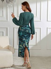 Modelyn Women's Lantern Sleeve Wrap Top And Printed Skirt Two Piece Set - Green - View 2