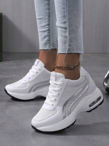 秋冬女士透气网眼厚底运动鞋，休闲系带户外鞋，女士舒适鞋 - 白色 - 查看 3