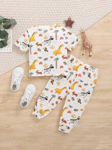 SHEIN Juego De Ropa De Bebé Para Niño, Con Camiseta De Manga Corta Con Patrón De Dinosaurios Y Pantalones Casuales De Dormir De Cuello Redondo. - Multicolor - Ver 2