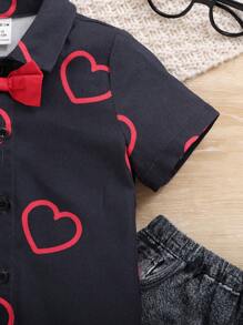 SHEIN Ensemble deux pièces pour bébé garçon composé d'une chemise décorative à motif de nœud et de cœur, et d'un pantalon effet jean