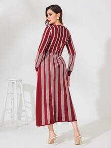Modelyn Burgundy Red Women's Striped Long Knitted Sweater Dress Fall Cloth For Women - Burgundy - View 2