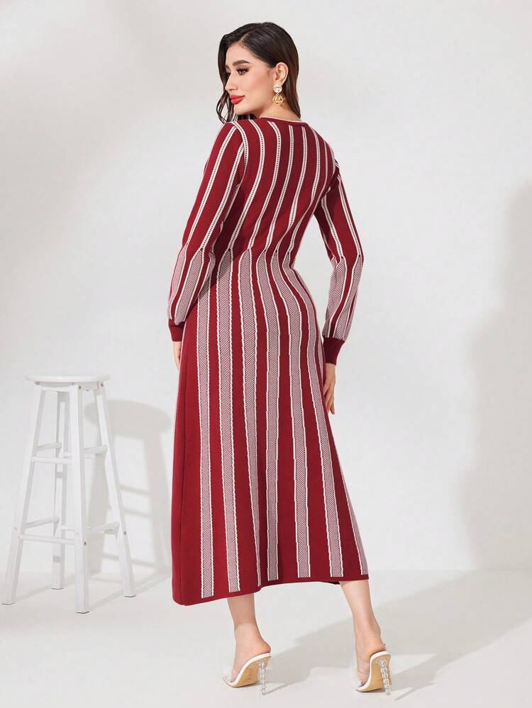 Burgundy Red Women's Striped Long Knitted Sweater Dress Fall Cloth For Women