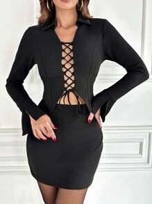 EURMUSE Women's Bow Tie Bell Sleeve Top And Skirt Set - Black - View 5