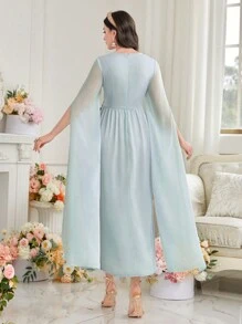 Al Najma Women's Long Sleeve Arabic Style Dress With Flower Decoration And Front Split - Mint Green - View 2