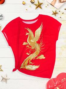 SHEIN LUNE 大尺碼女式鳳凰印花圓領 T 卹 - 紅色 - 查看 1