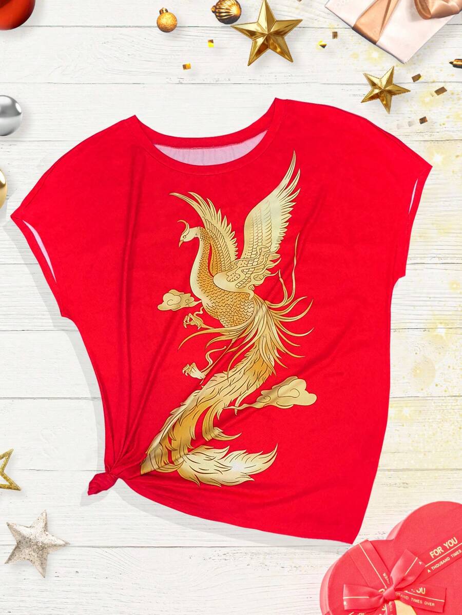 SHEIN LUNE 大尺碼女式鳳凰印花圓領 T 卹 - 紅色 - 查看 1