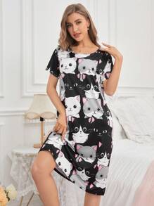 Snug Zone Women's Cartoon Cat Printed Sleep Dress Pajama Dress, Moo Moo Night Dress - Black and White - View 1