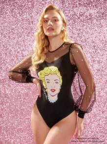Marilyn Monroe X SHEIN Body con stampa di caratteri, decorato con contrasto di rete e perle finte