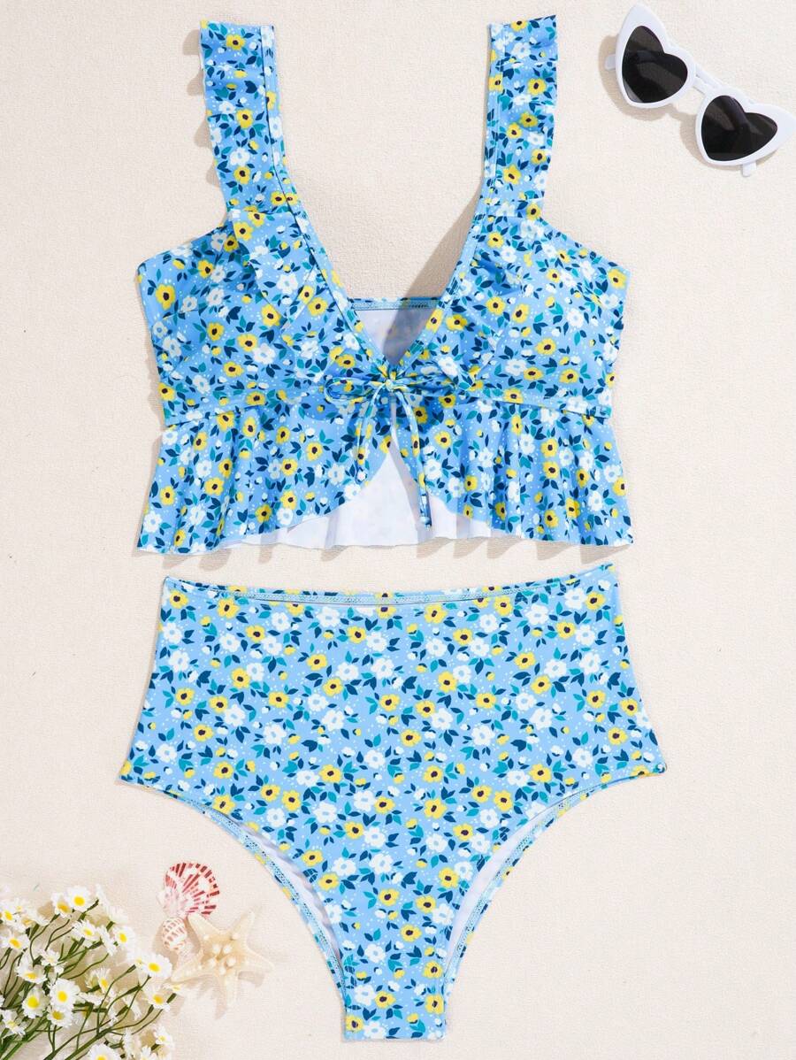 SHEIN Swim Women's Ditsy Floral Ruffled Bikini Set Summer Beach - Blue - View 1