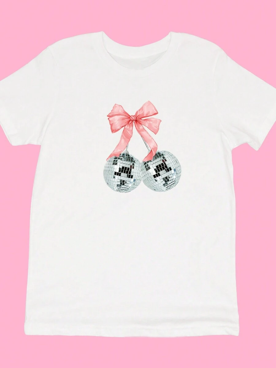 INAWLY Women's Bow Knot Ball Print Round Neck T-Shirt - White - View 1