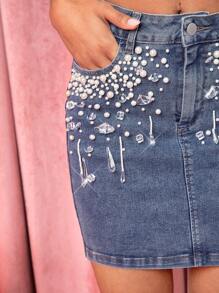 Denimoi Faux Pearl Beaded Bodycon Mini Denim Skirt - Dark Wash - View 3