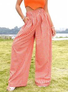 Soleia Women's Casual Vacation Style Plaid High Waist Wide Leg Pants - Multicolor - View 2