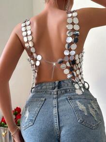 VaVaBold Women's Acrylic Backless Cropped Camisole Top - Silver - View 6