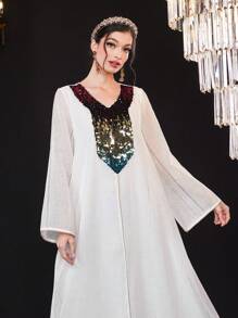 Al Najma Ladies' Sequined Patchwork A-Line Turkish Long Robe Eid Dress Kaftan Jalabiya Dress - White - View 4