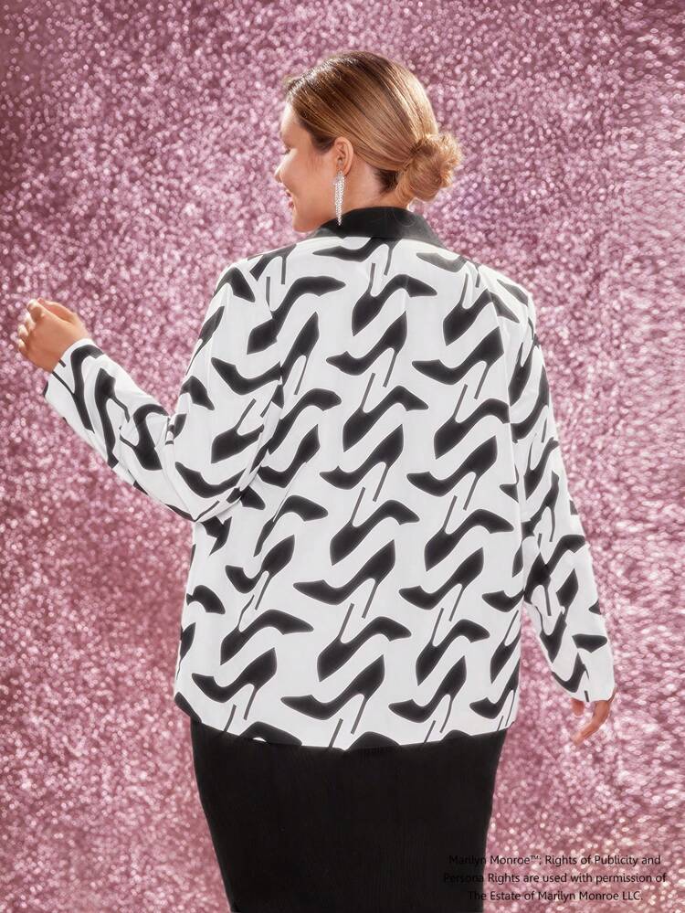 Plus Full-Print Contrast Lapel Collar Blazer