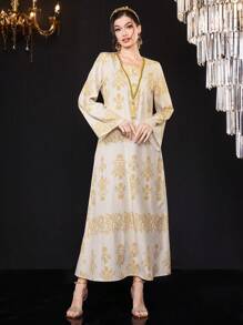 Layrah 女士金色编织带装饰阿拉伯风格 Jalabiya 连衣裙，带流苏，优雅奢华晚会风格