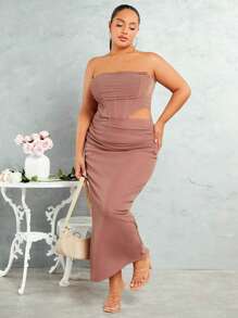 SHEIN BAE Plus Size Women's Metallic Mesh Cowl Collar Off-Shoulder Sleeveless Pink Bustier Crop Top And Long Skirt Set, For Summer - Dusty Pink - View 5
